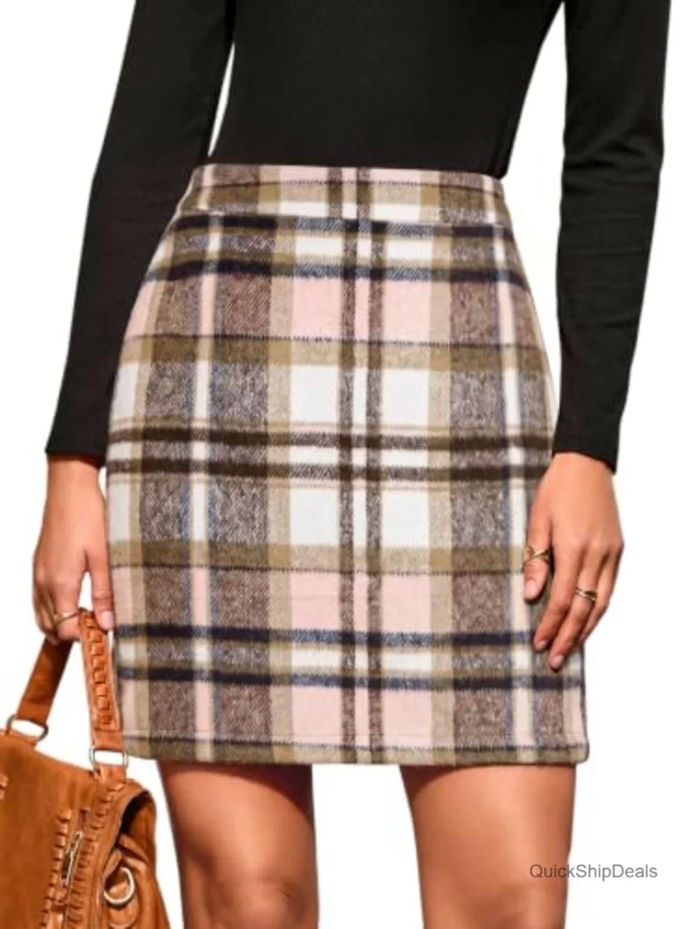 Faux Suede Plaid Mini Skirt High Waist Bodycon A-Line Fall